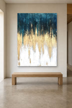 Teal and Gold shown at 140 × 200 cm above a 180 cm oak bench