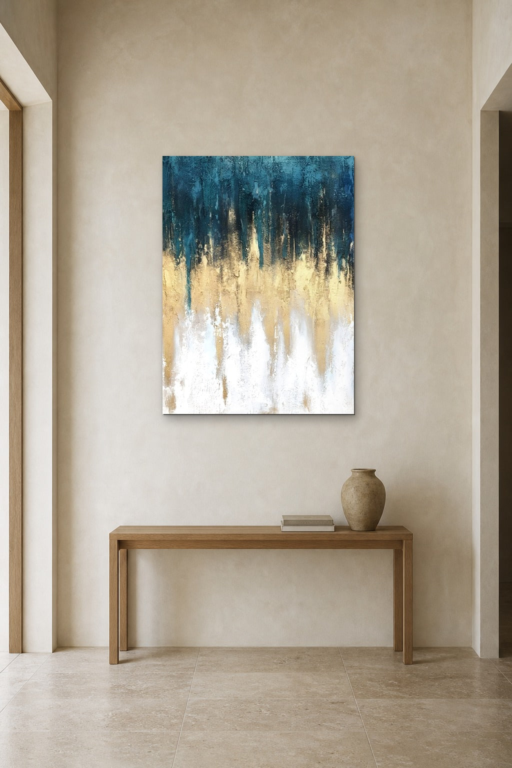 Teal and Gold shown at 90 × 130 cm above a 140 cm oak console