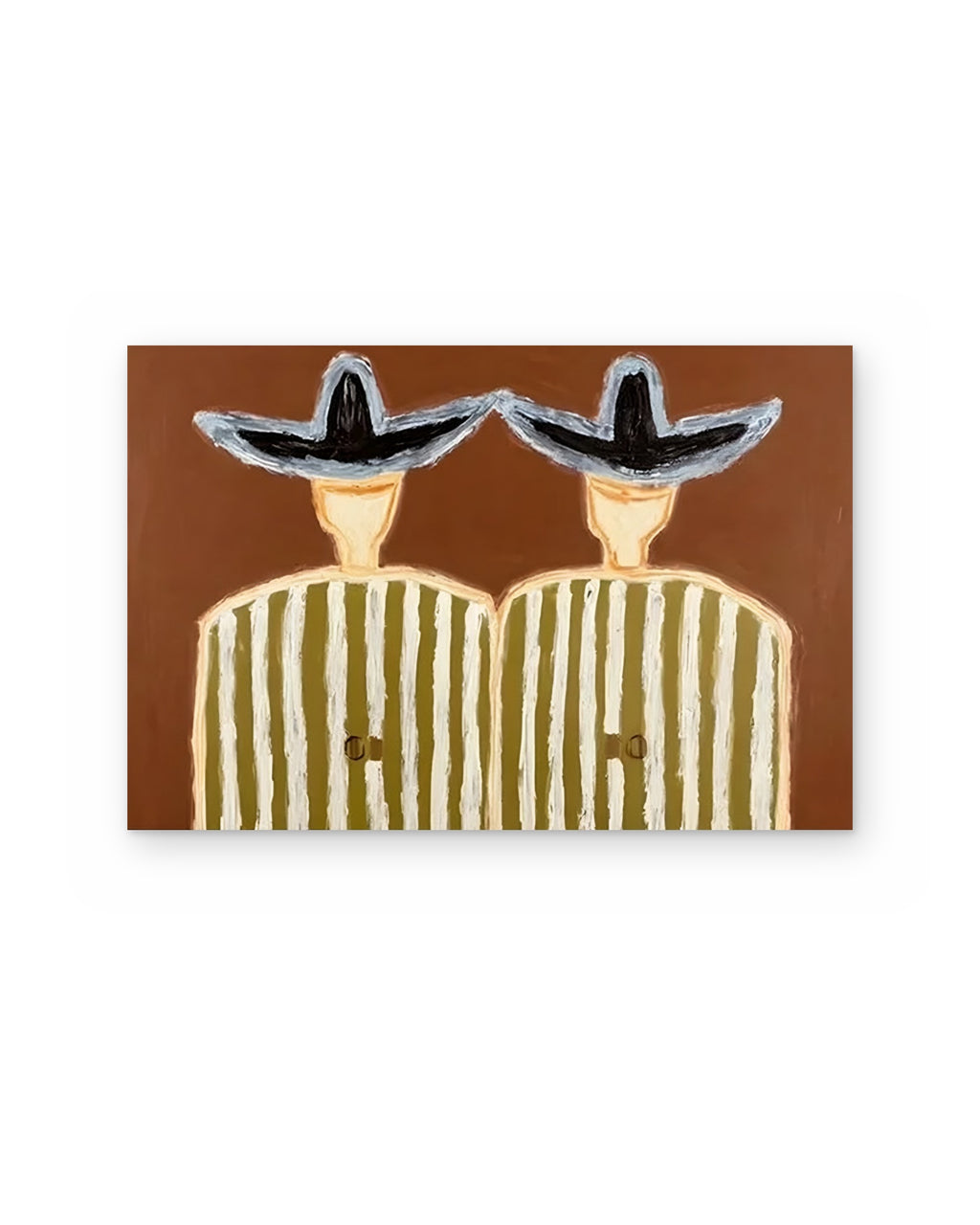 Twins in Ochre Stripes, figurative abstract painting shown straight on