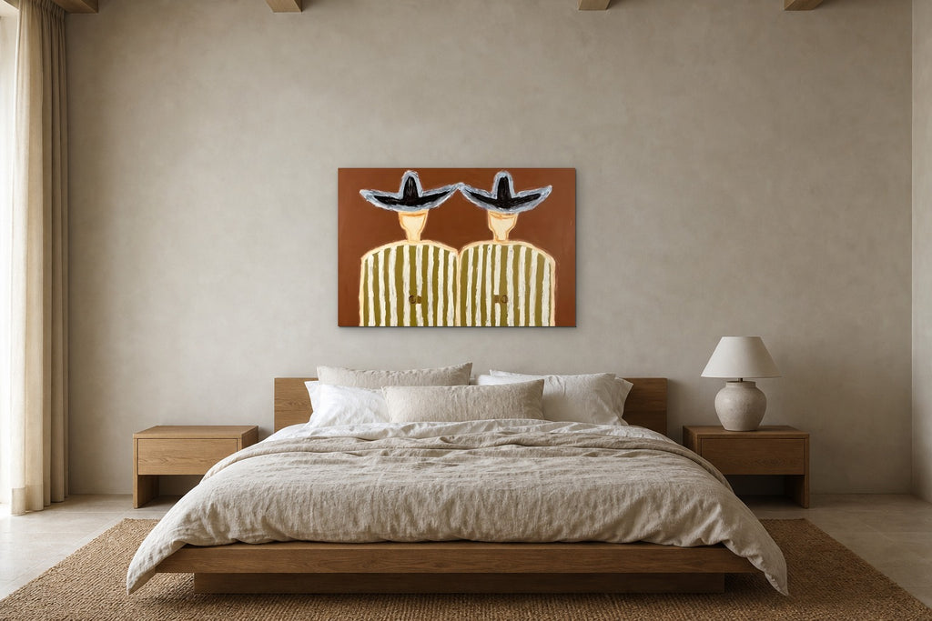 Twins in Ochre Stripes shown at 120 × 80 cm above a 180 cm oak bed
