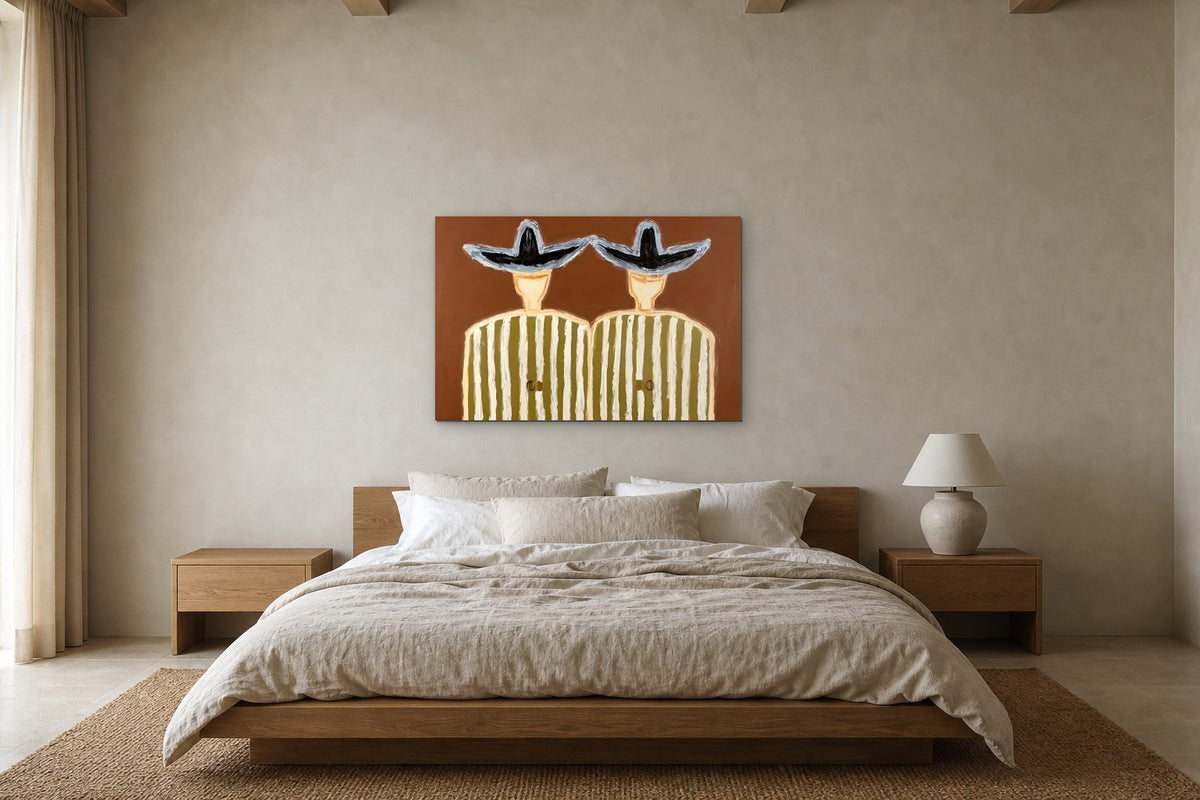 Twins in Ochre Stripes shown at 120 × 80 cm above a 180 cm oak bed