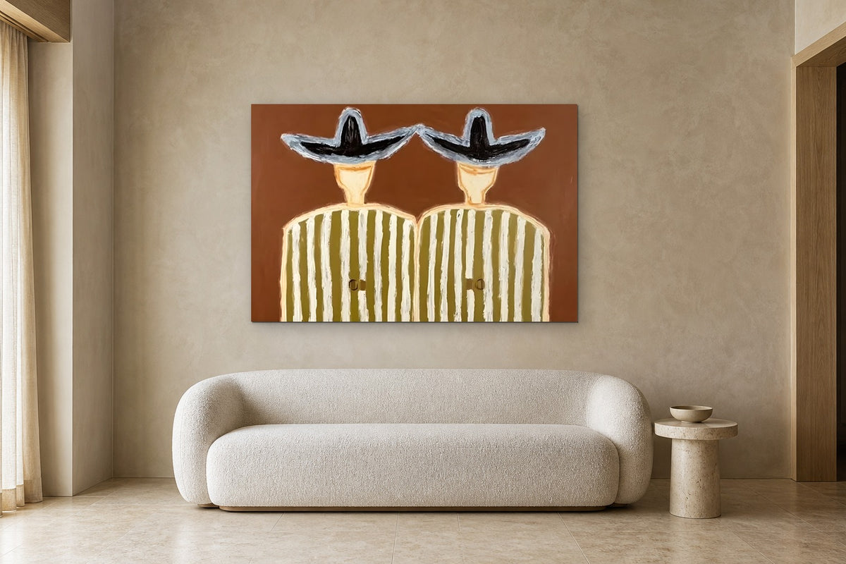 Twins in Ochre Stripes shown at 150 × 100 cm above a 220 cm boucle sofa
