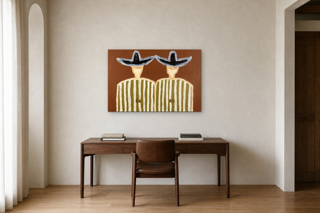 Twins in Ochre Stripes shown at 100 × 70 cm above a 160 cm walnut desk