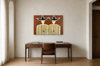 Twins in Ochre Stripes shown at 100 × 70 cm above a 160 cm walnut desk