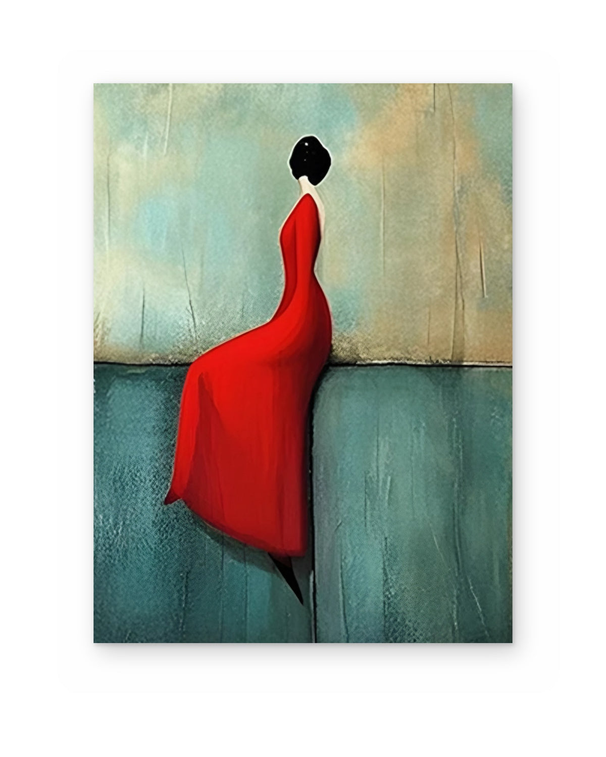 The Red Dress, figurative abstract painting shown straight on