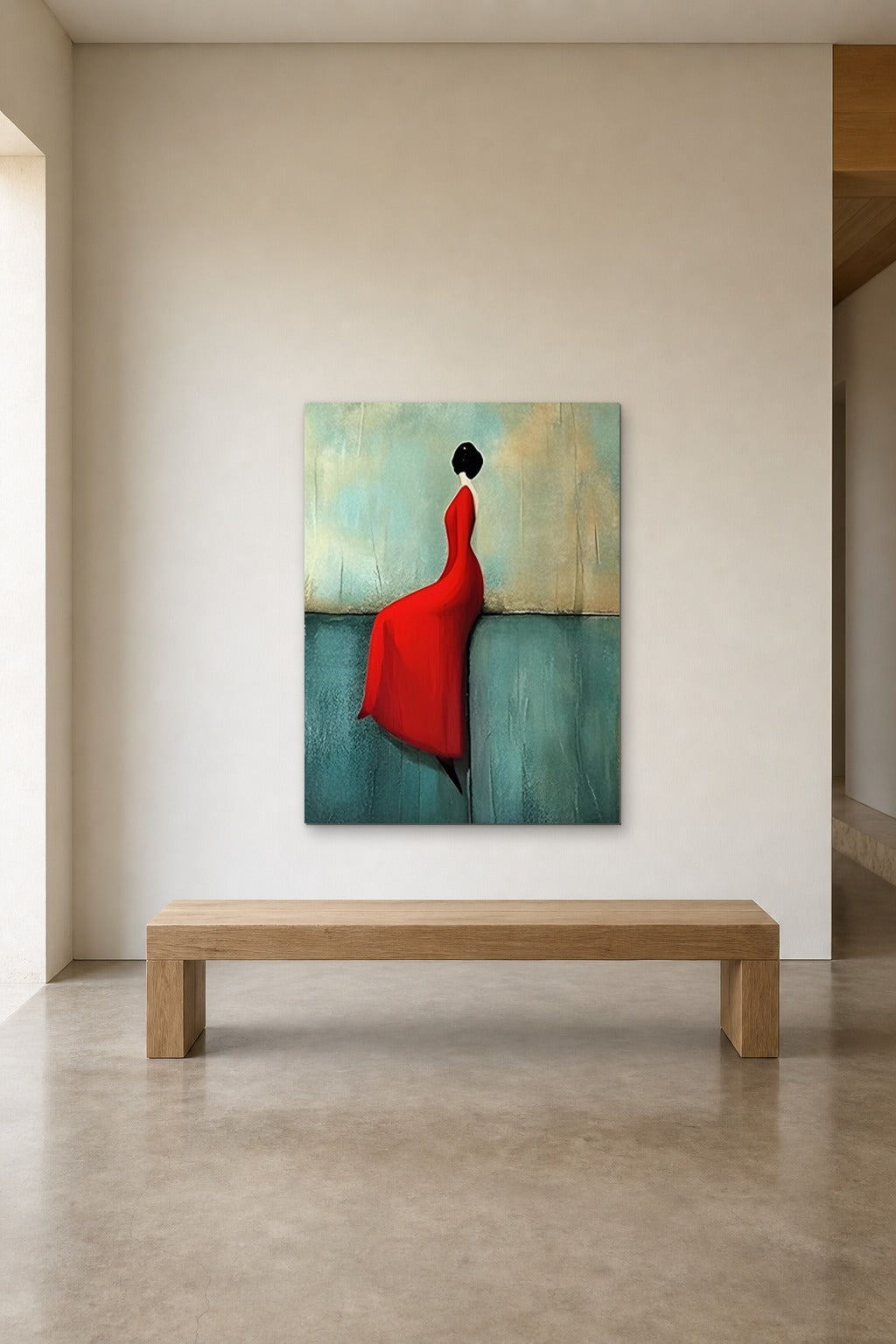 The Red Dress shown at 90 × 120 cm above a 180 cm oak bench