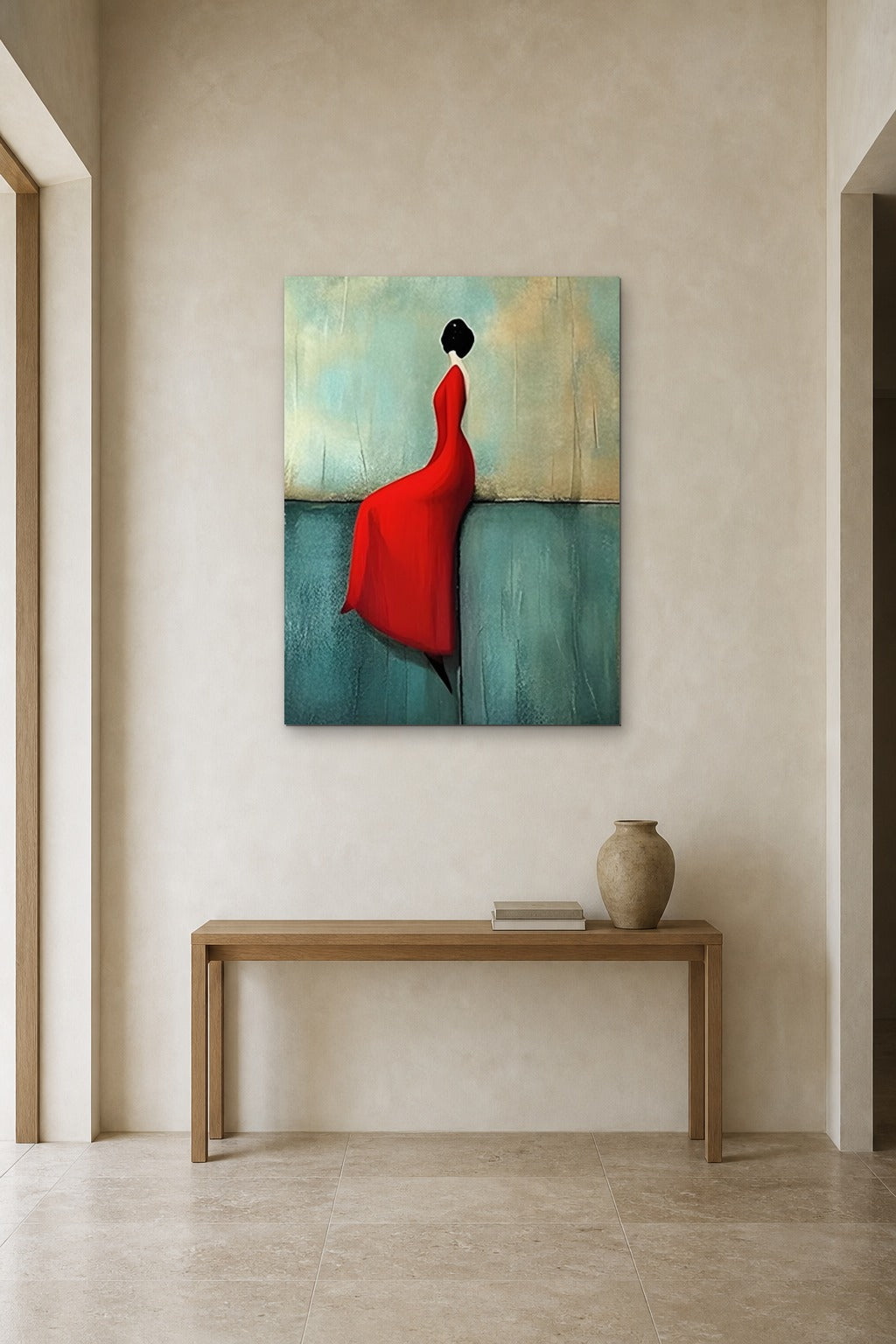 The Red Dress shown at 90 × 120 cm above a 140 cm oak console