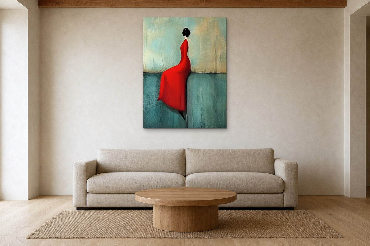 The Red Dress shown at 90 × 120 cm above a 240 cm linen sofa