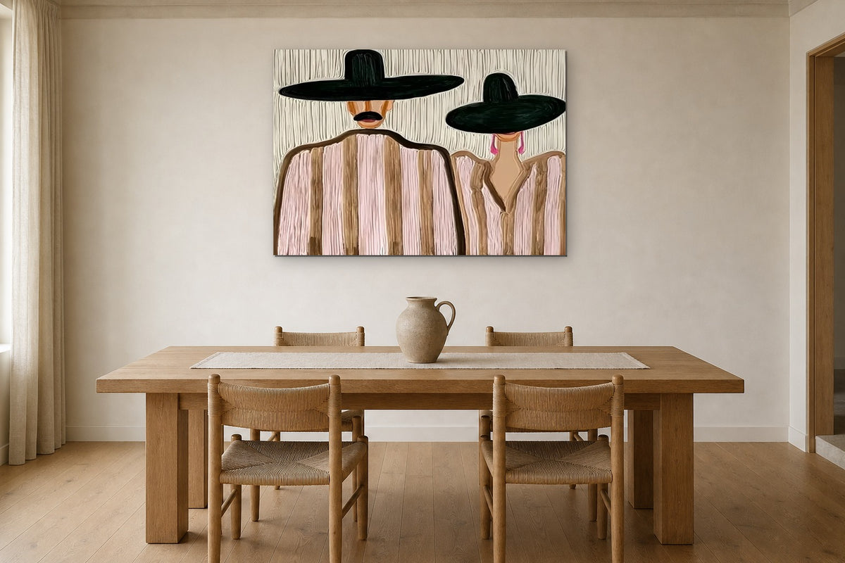 The Couple in Pink Stripes shown at 90 × 60 cm above a 200 cm oak dining table