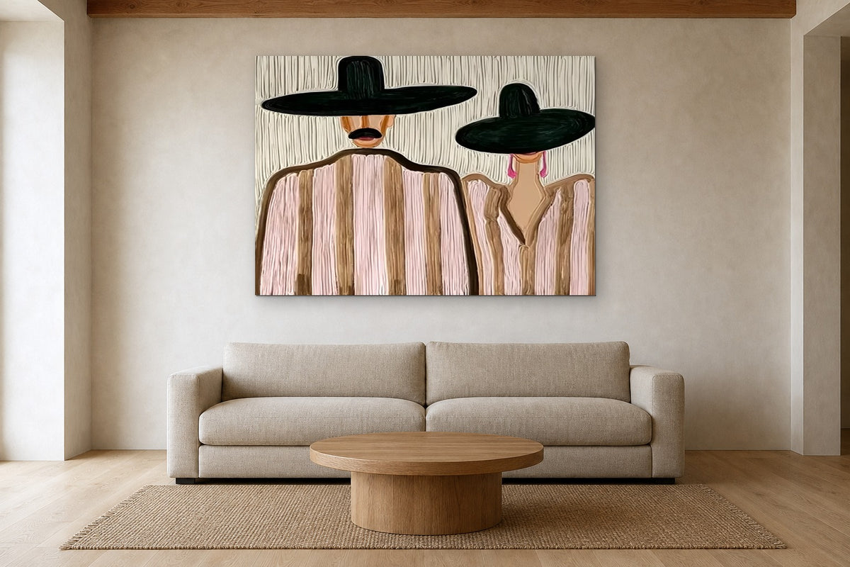 The Couple in Pink Stripes shown at 160 × 120 cm above a 240 cm linen sofa