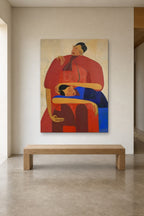 Mother and Child shown at 120 × 180 cm above a 180 cm oak bench