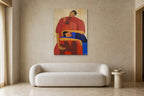 Mother and Child shown at 90 × 120 cm above a 220 cm boucle sofa