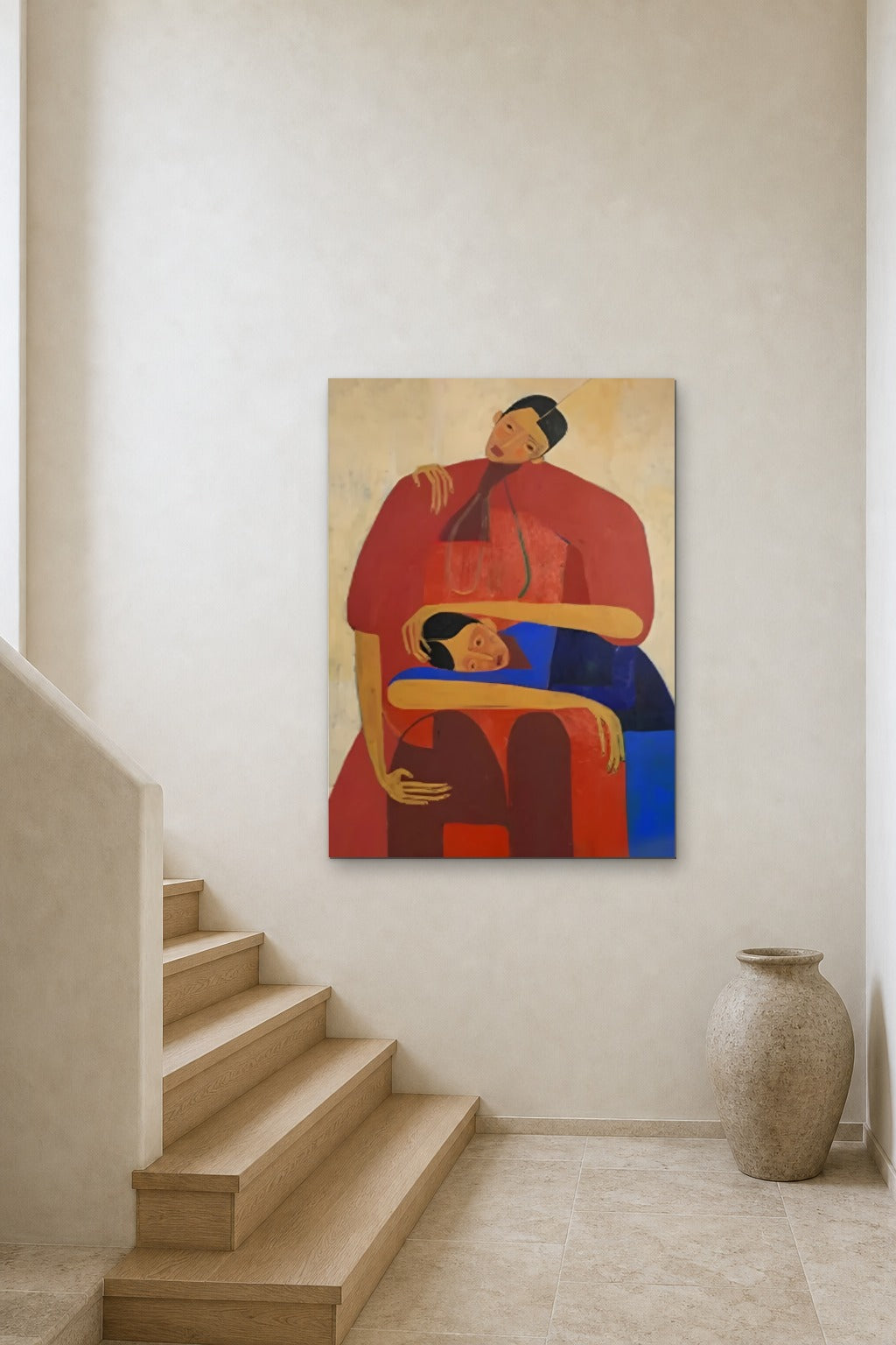 Mother and Child shown at 90 × 120 cm above a stair landing