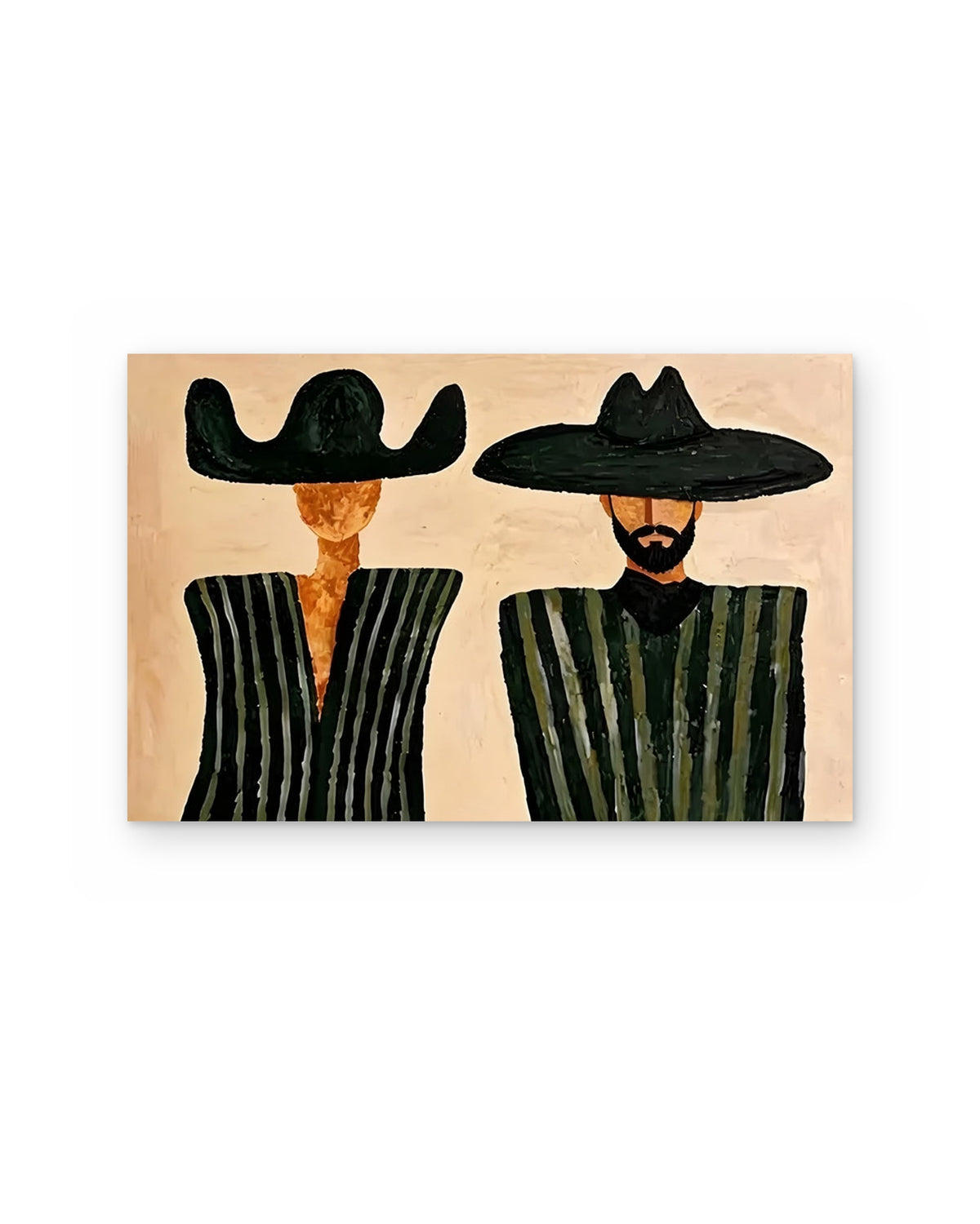 Two Men in Green Stripes, figurative abstract painting shown straight on