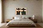 Two Men in Green Stripes shown at 120 × 80 cm above a 180 cm oak bed
