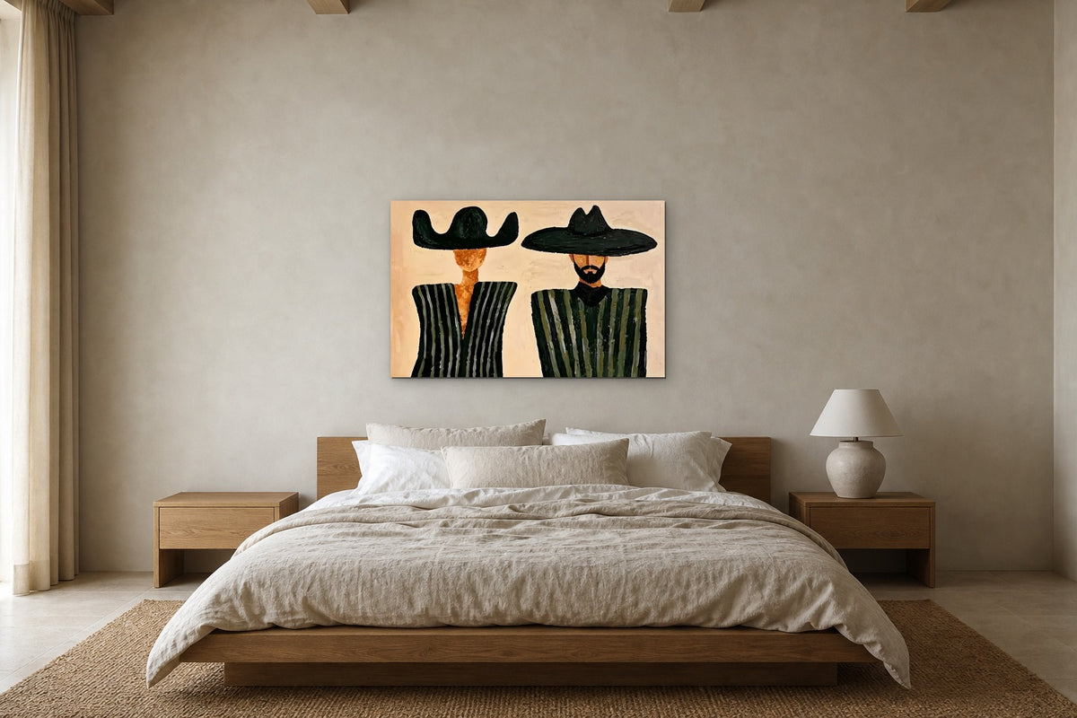 Two Men in Green Stripes shown at 120 × 80 cm above a 180 cm oak bed