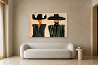 Two Men in Green Stripes shown at 150 × 100 cm above a 220 cm boucle sofa