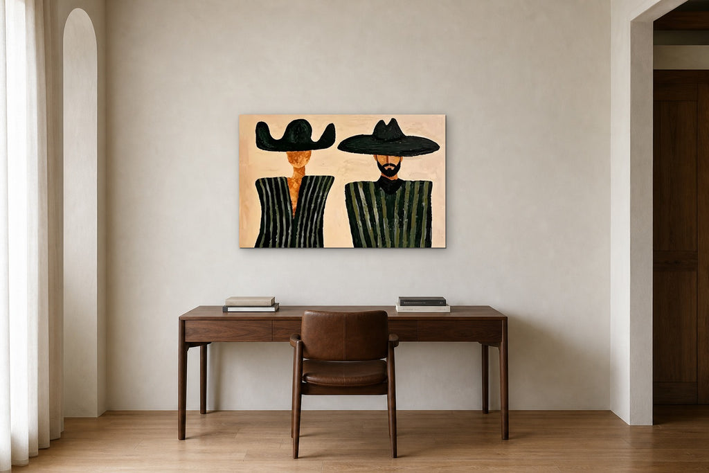 Two Men in Green Stripes shown at 100 × 70 cm above a 160 cm walnut desk