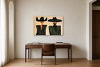 Two Men in Green Stripes shown at 100 × 70 cm above a 160 cm walnut desk