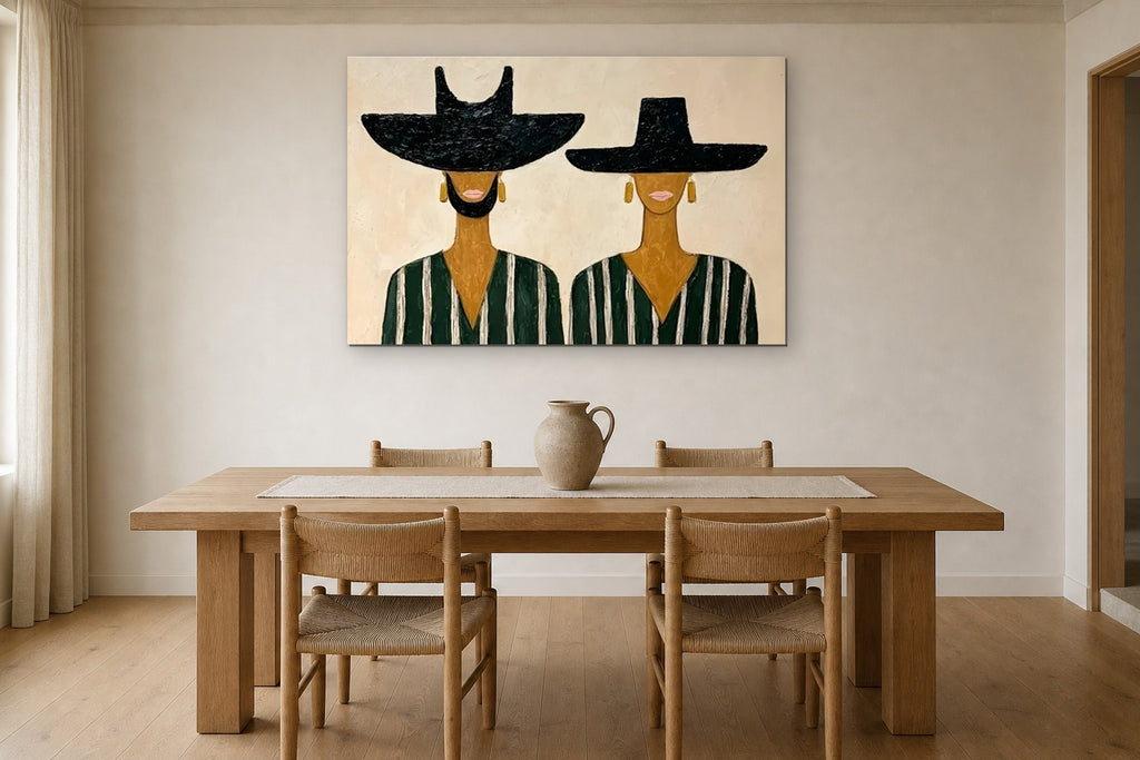Golden Earrings shown at 100 × 70 cm above a 200 cm oak dining table