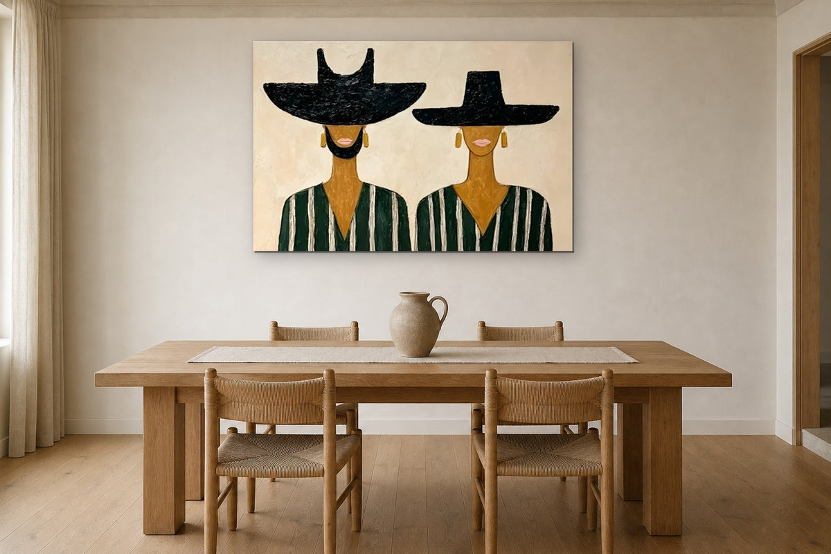 Golden Earrings shown at 100 × 70 cm above a 200 cm oak dining table