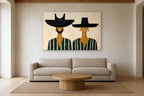 Golden Earrings shown at 160 × 100 cm above a 240 cm linen sofa