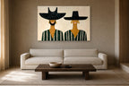 Golden Earrings shown at 140 × 100 cm above a 230 cm linen sofa