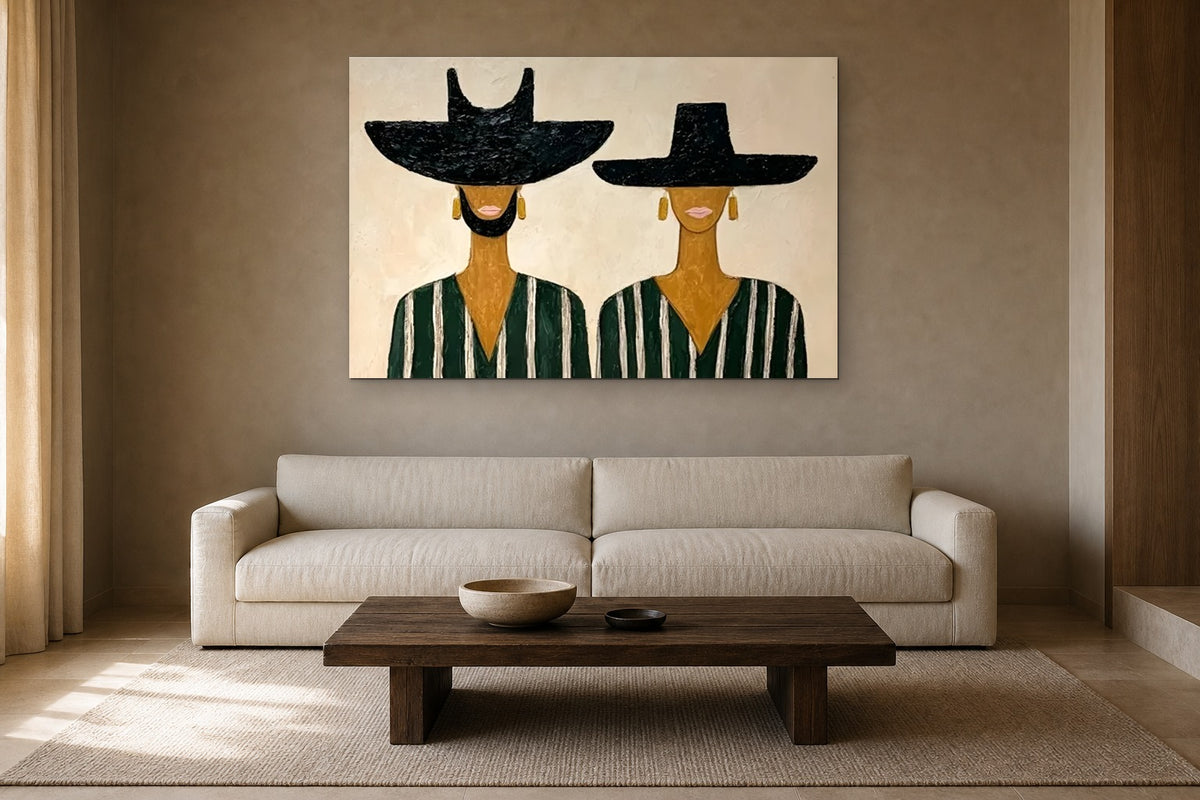 Golden Earrings shown at 140 × 100 cm above a 230 cm linen sofa