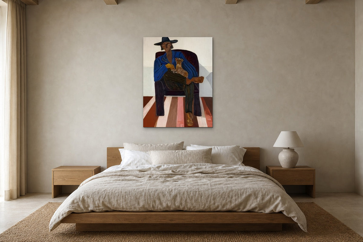Man with a Dog shown at 90 × 120 cm above a 180 cm oak bed
