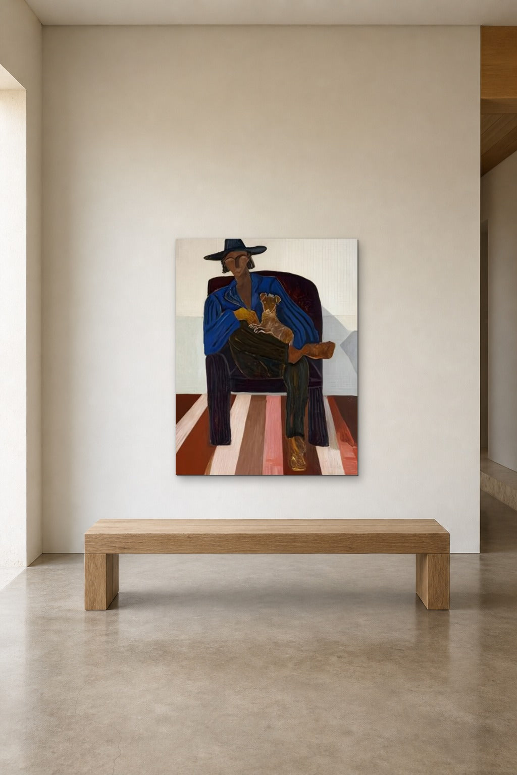 Man with a Dog shown at 90 × 120 cm above a 180 cm oak bench