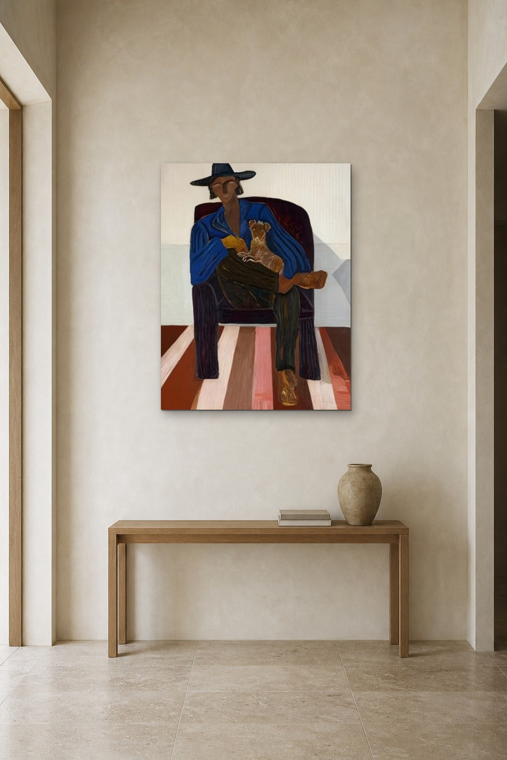 Man with a Dog shown at 90 × 120 cm above a 140 cm oak console