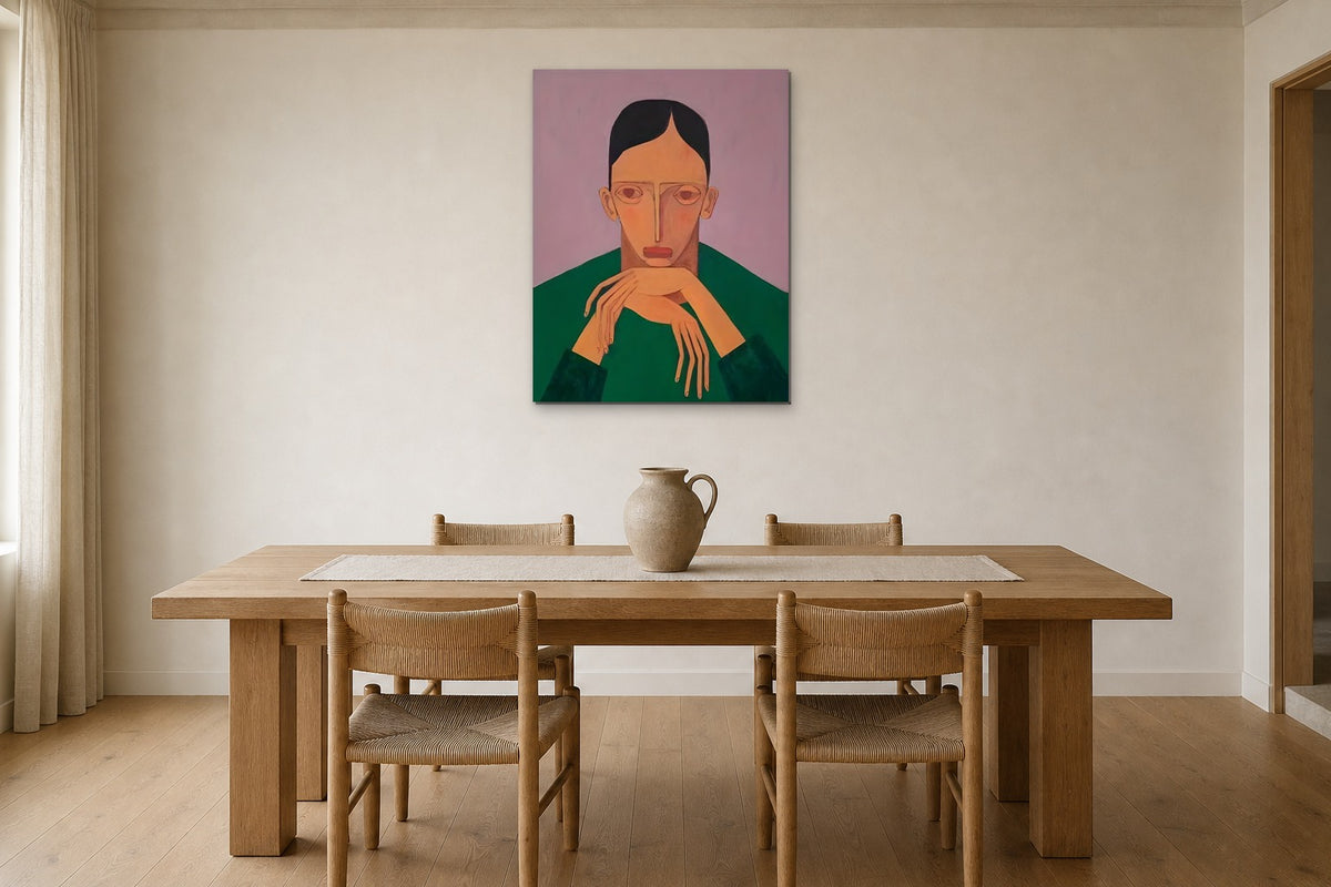 Portrait in Green shown at 50 × 70 cm above a 200 cm oak dining table