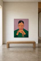 Portrait in Green shown at 90 × 120 cm above a 180 cm oak bench