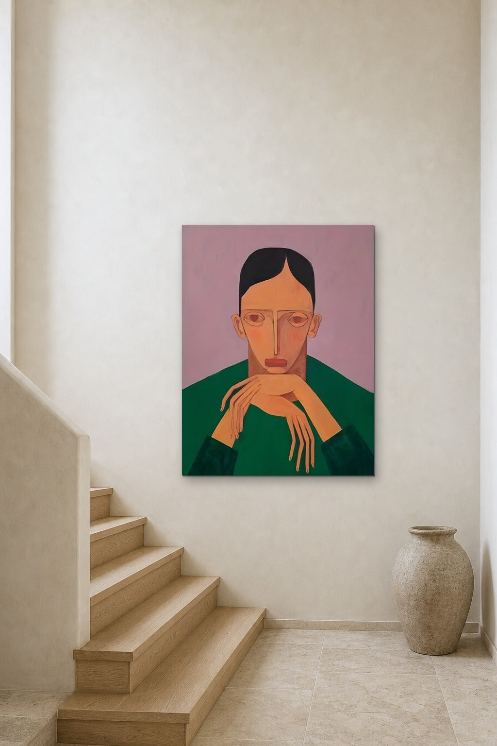 Portrait in Green shown at 90 × 120 cm above a stair landing