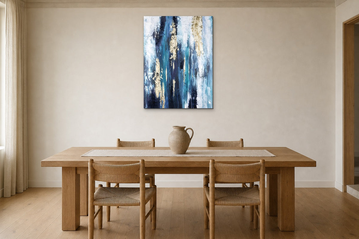 Blue Cascade shown at 50 × 70 cm above a 200 cm oak dining table