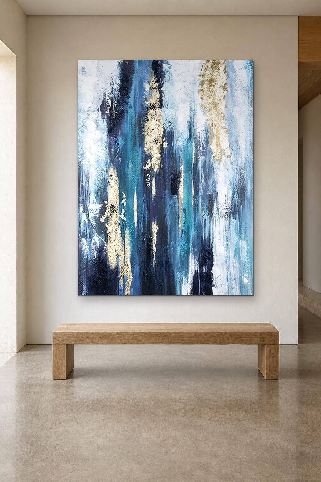 Blue Cascade shown at 140 × 200 cm above a 180 cm oak bench