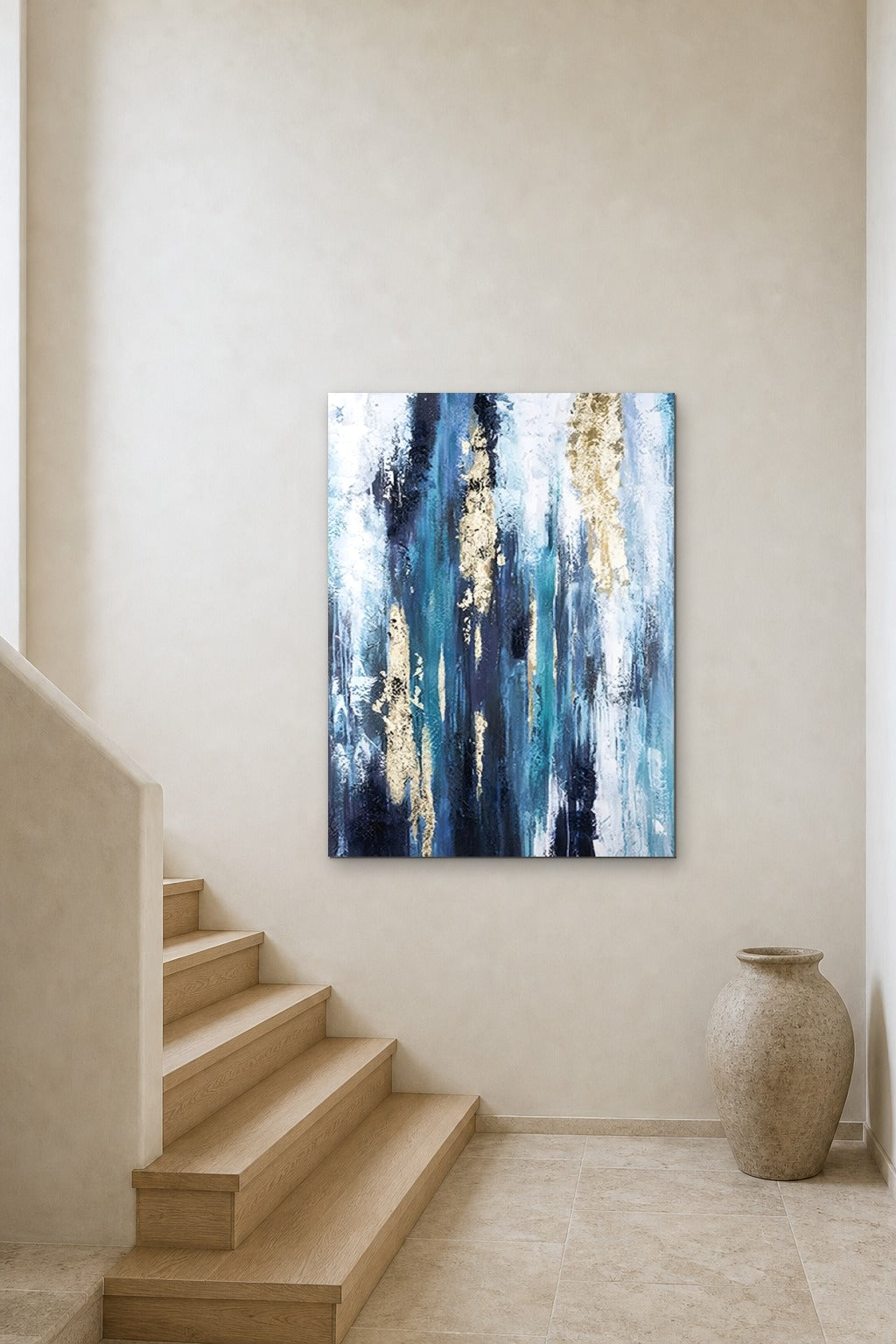 Blue Cascade shown at 90 × 130 cm above a stair landing