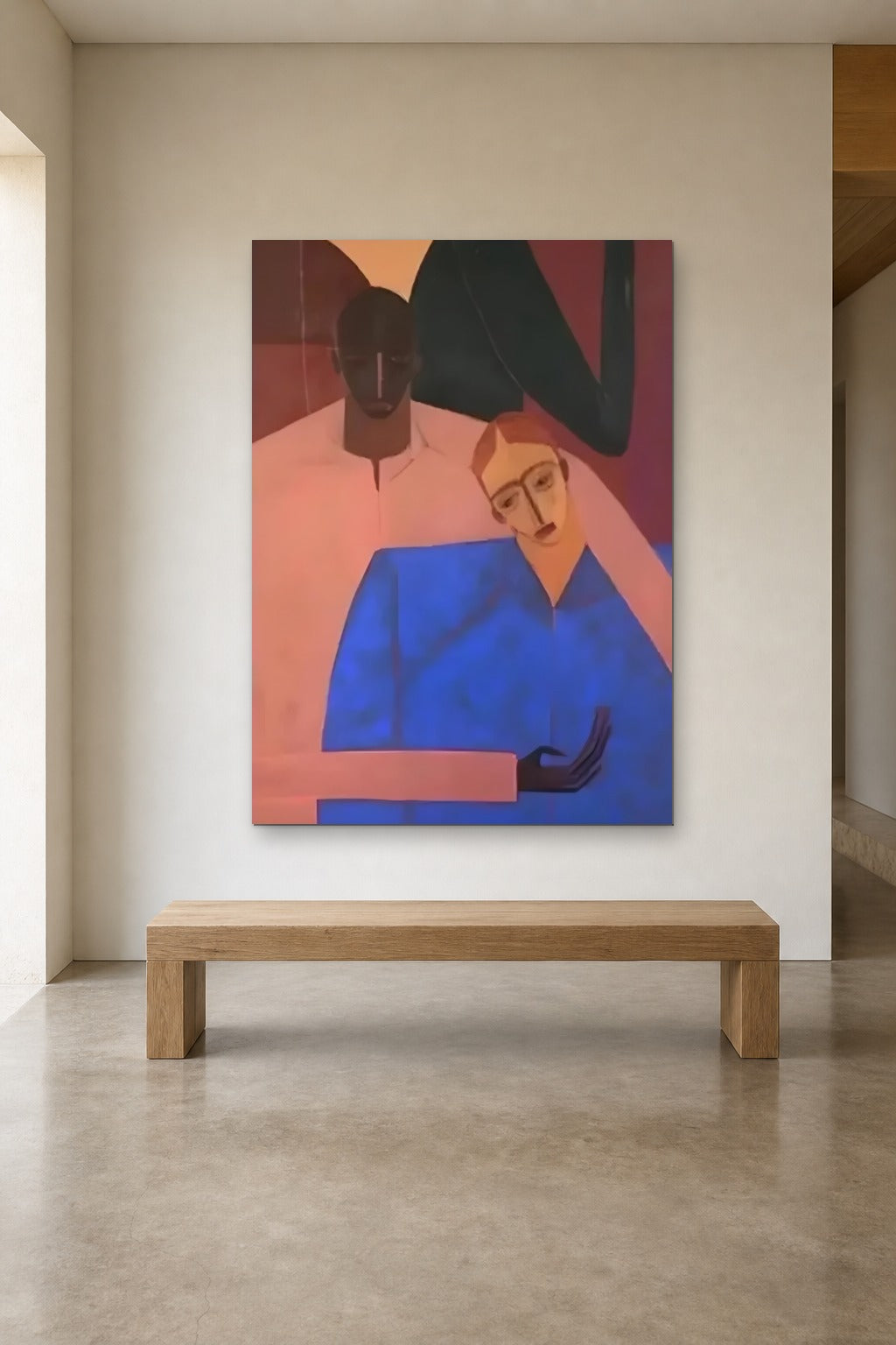 The Embrace shown at 120 × 180 cm above a 180 cm oak bench