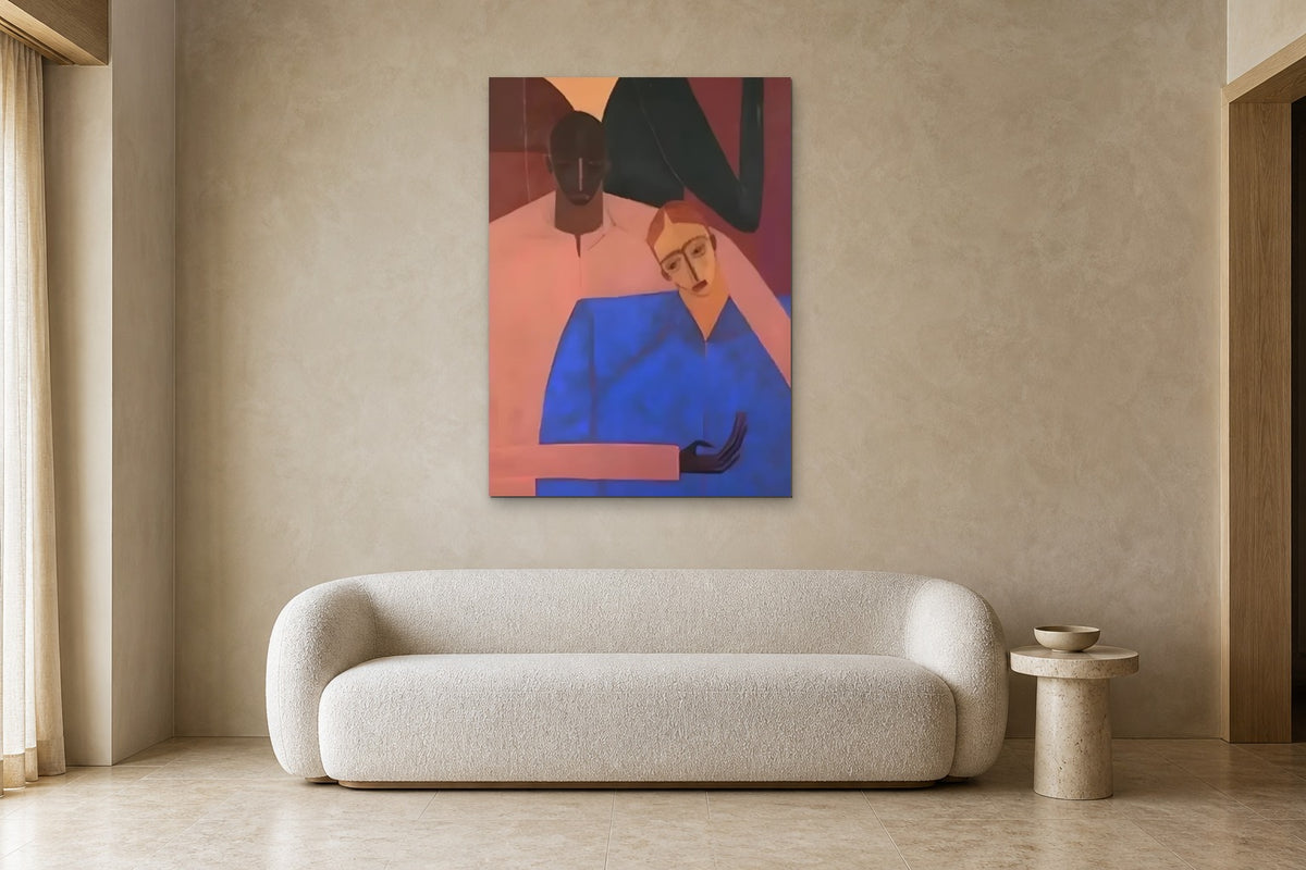 The Embrace shown at 90 × 120 cm above a 220 cm boucle sofa