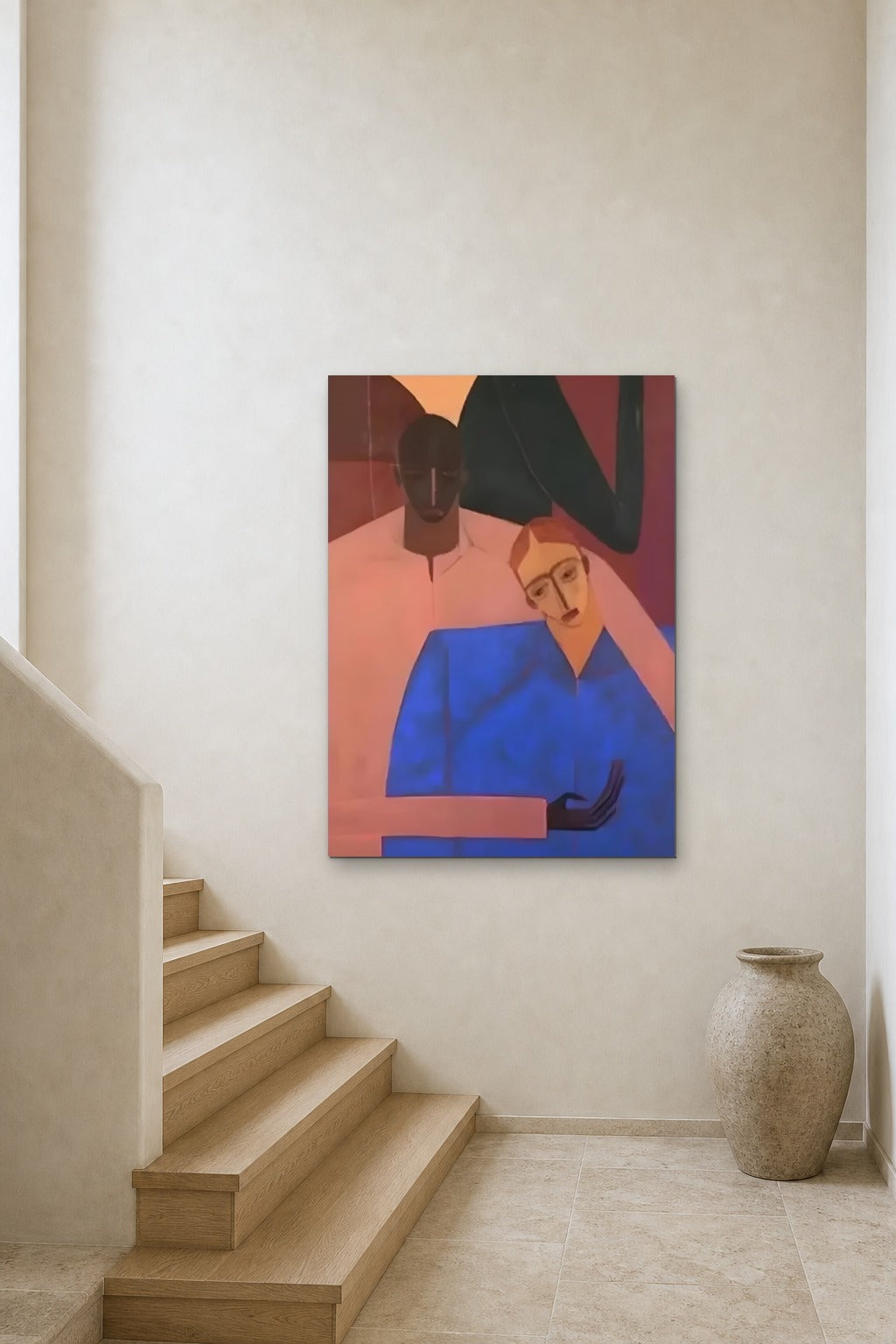 The Embrace shown at 90 × 120 cm above a stair landing