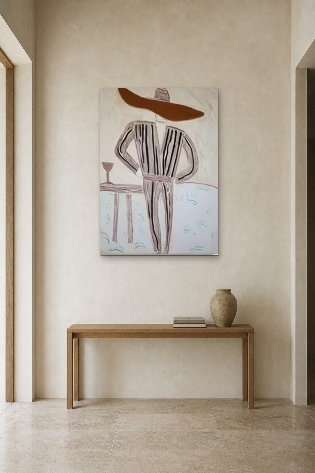 Man in a Striped Suit shown at 90 × 120 cm above a 140 cm oak console