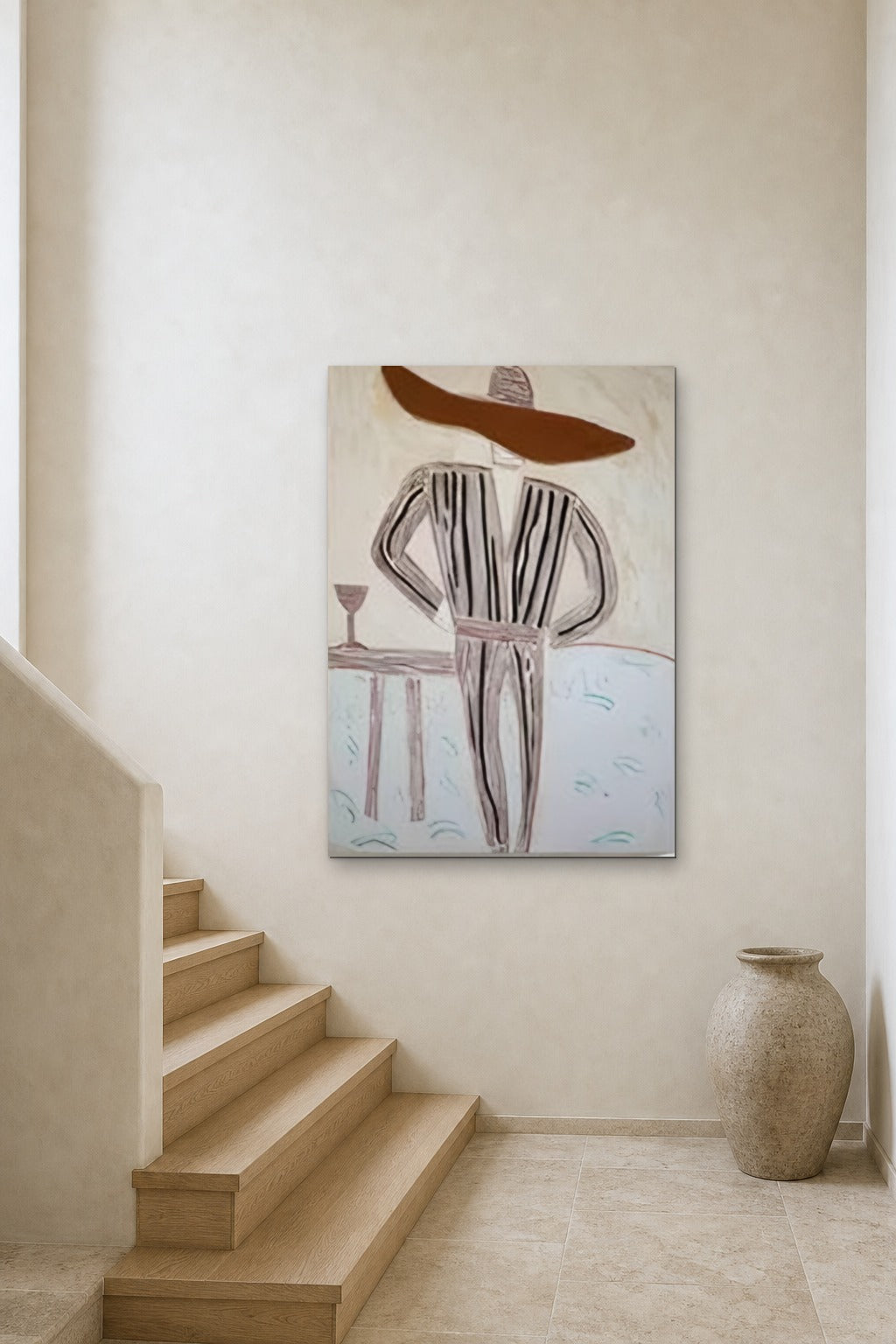 Man in a Striped Suit shown at 90 × 120 cm above a stair landing