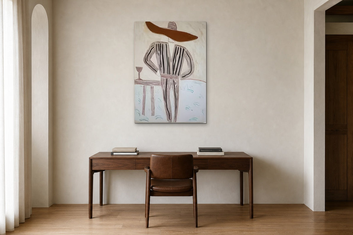 Man in a Striped Suit shown at 70 × 100 cm above a 160 cm walnut desk