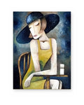 Lady in a Blue Hat, figurative abstract painting shown straight on