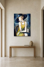 Lady in a Blue Hat shown at 90 × 120 cm above a 140 cm oak console