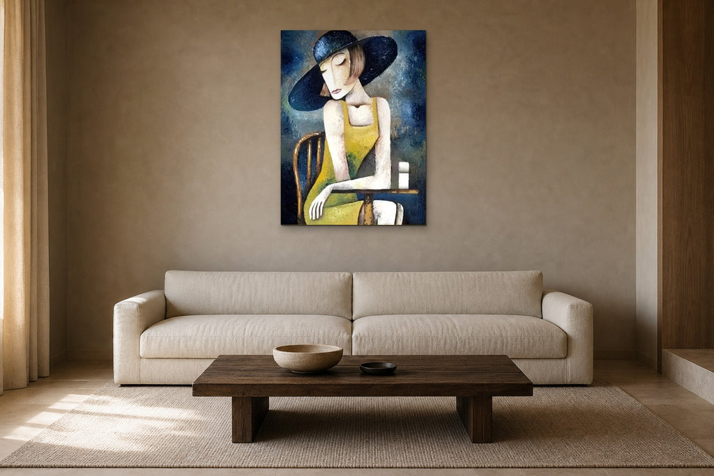 Lady in a Blue Hat shown at 70 × 100 cm above a 230 cm linen sofa