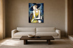 Lady in a Blue Hat shown at 70 × 100 cm above a 230 cm linen sofa