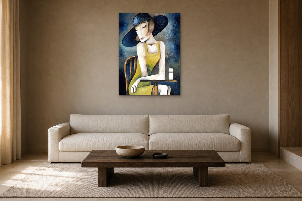 Lady in a Blue Hat shown at 70 × 100 cm above a 230 cm linen sofa