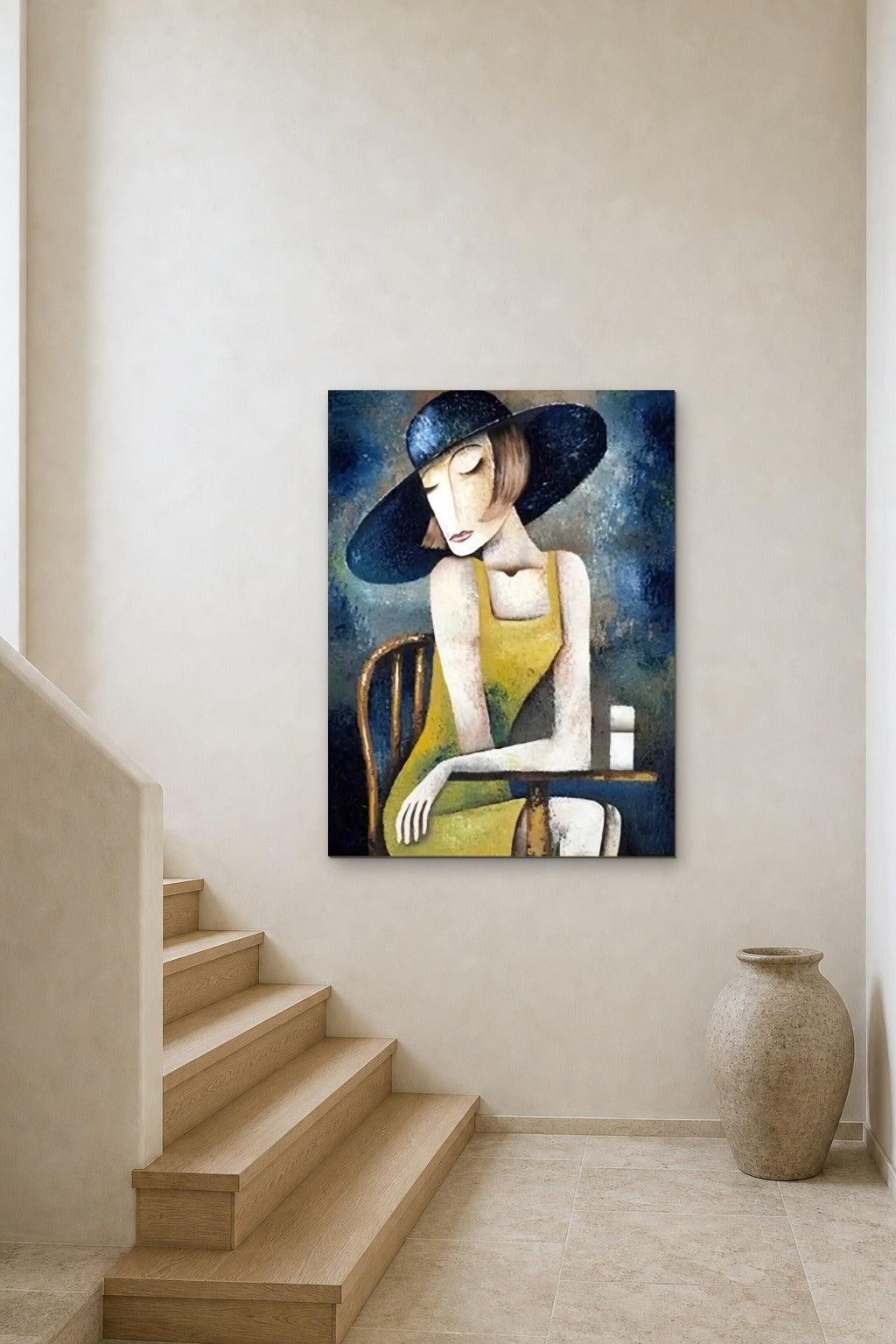 Lady in a Blue Hat shown at 90 × 120 cm above a stair landing