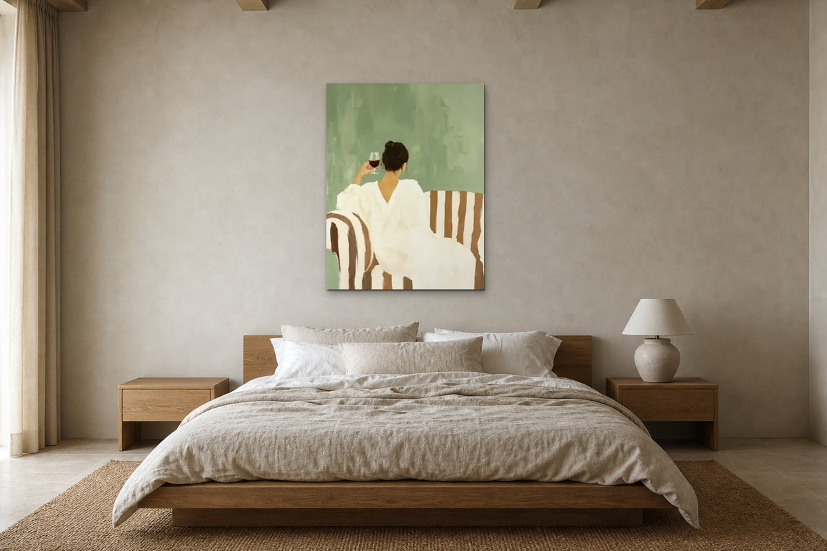 A Glass of Red shown at 90 × 120 cm above a 180 cm oak bed